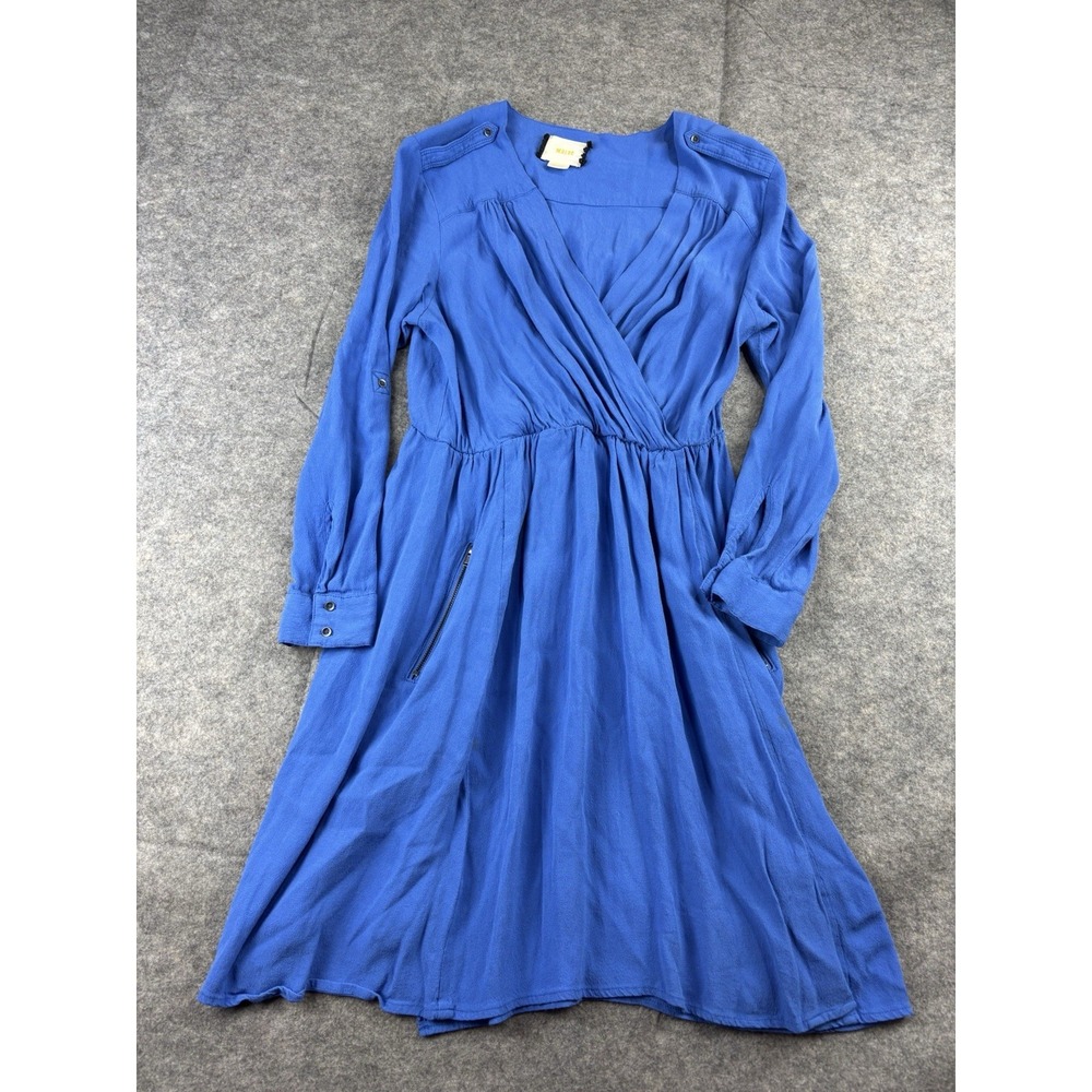 Anthropologie Maeve Lene Faux Wrap Dress Pocket Blue Roll Tab‎ Women's S Boho